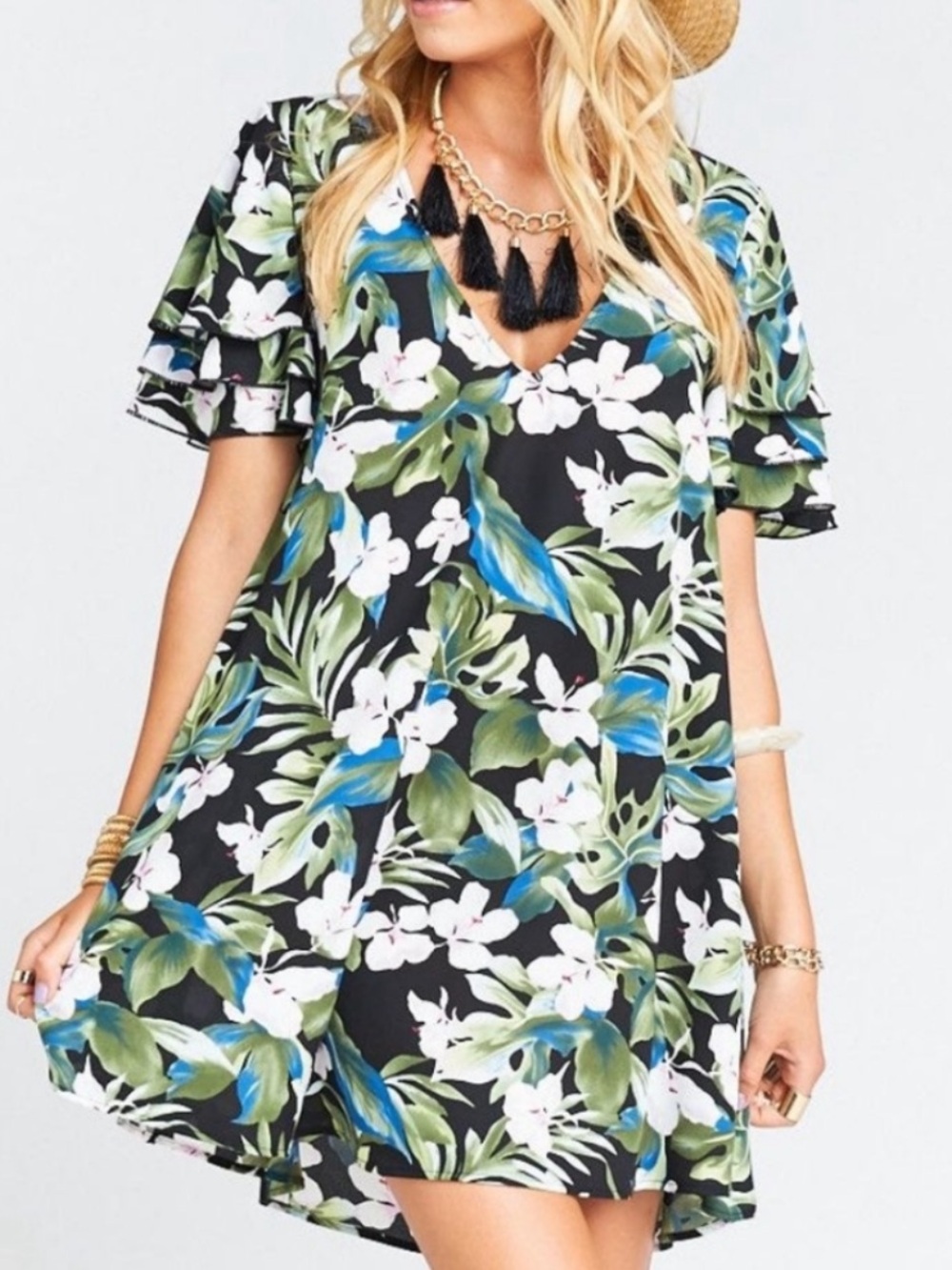 Show Me Your MuMu Black Dress with Green & Pink Floral Print